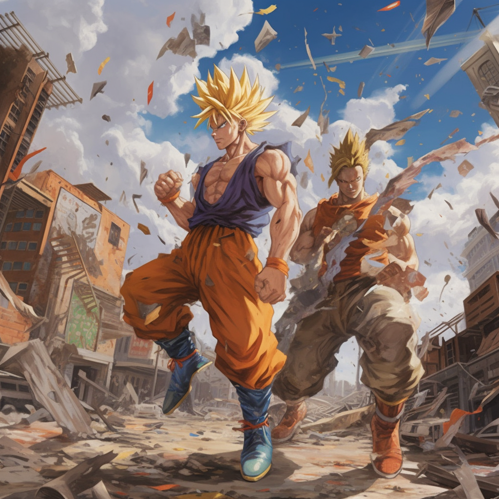 Clash of the Super Saiyans amid Ruin