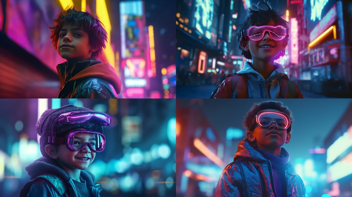 Neon Embrace: Blind Prodigy's Smirk in Futuristic Vista