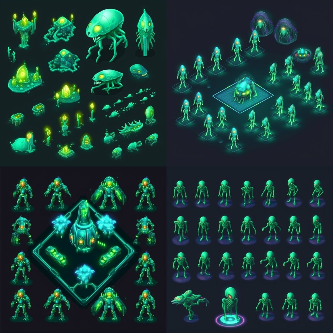 Isometric Alien Sprite Sheet: Neon Crystal Version