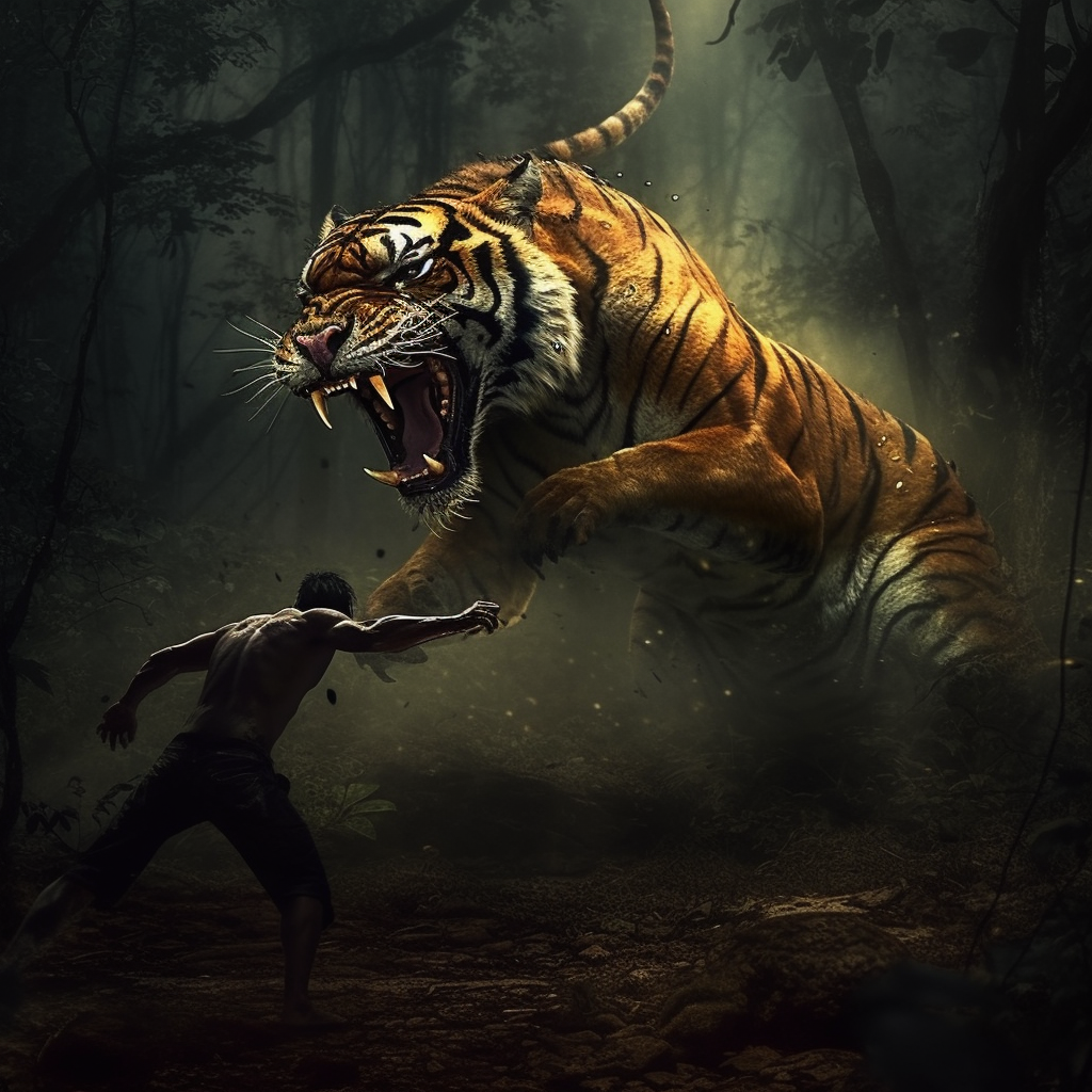 Midnight Duel: Man Vs. Tiger in Shadowy Woods