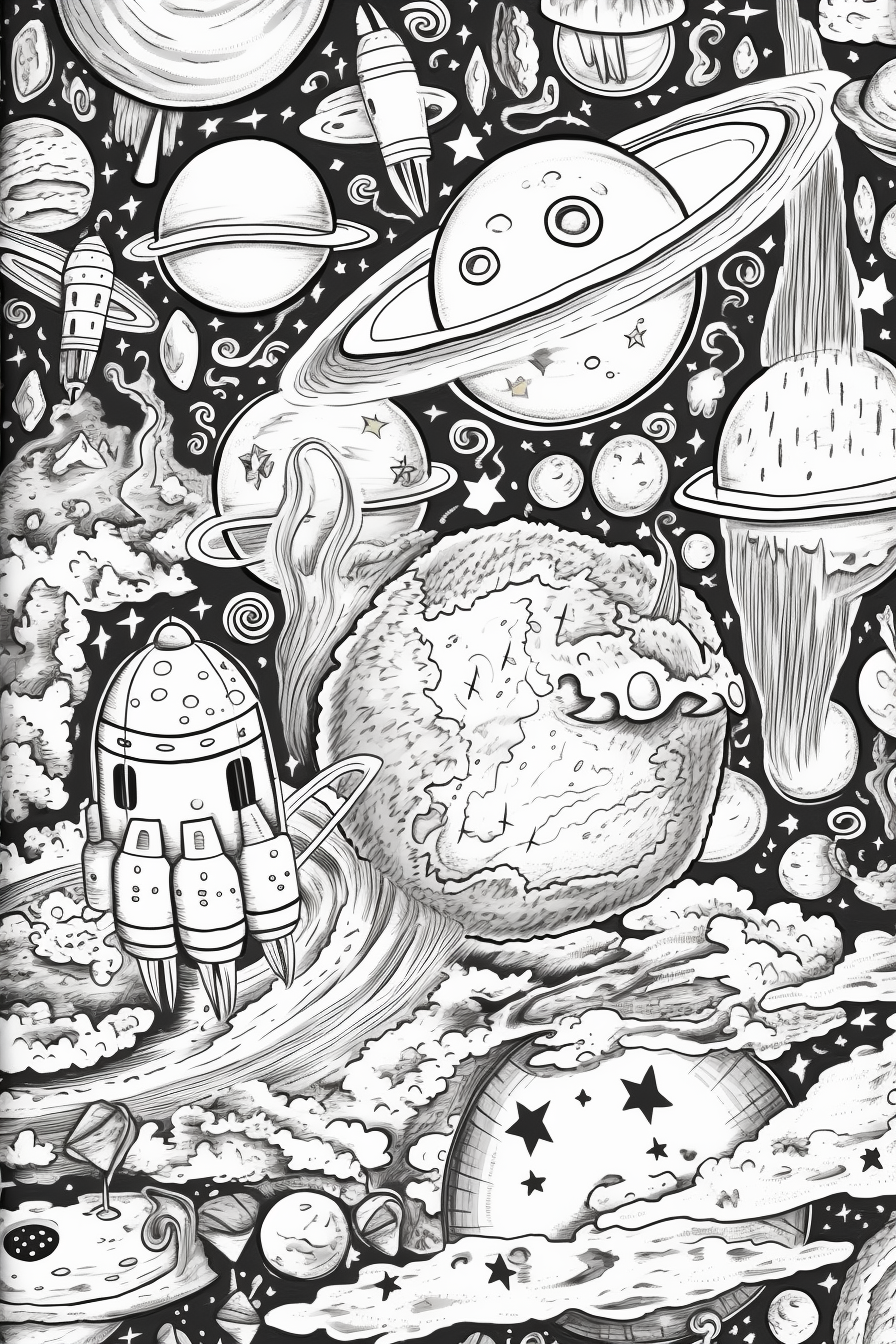 Retro Space-Themed Adult Coloring Book Page