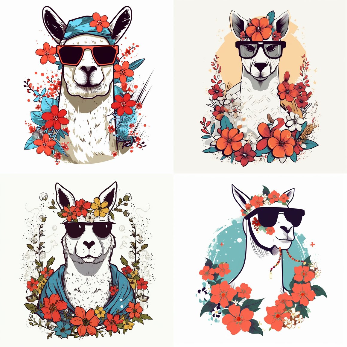 Retro Japanese Inspired Llama & Floral Pop Art T-Shirt Design