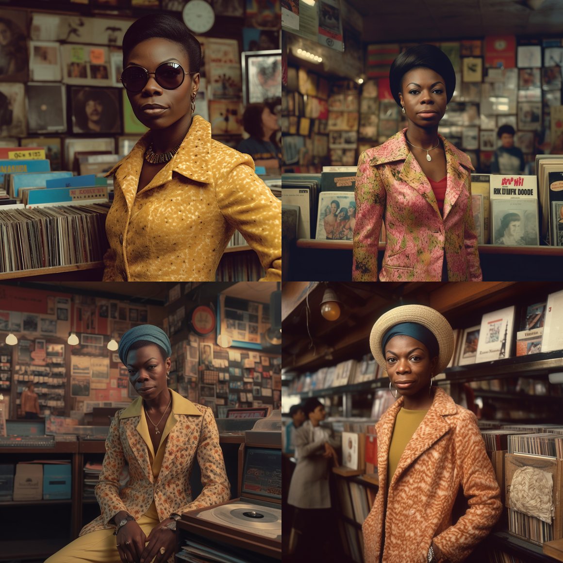 Retro Vibes with Stylish Nina Simone in a Vinyl Record Shop