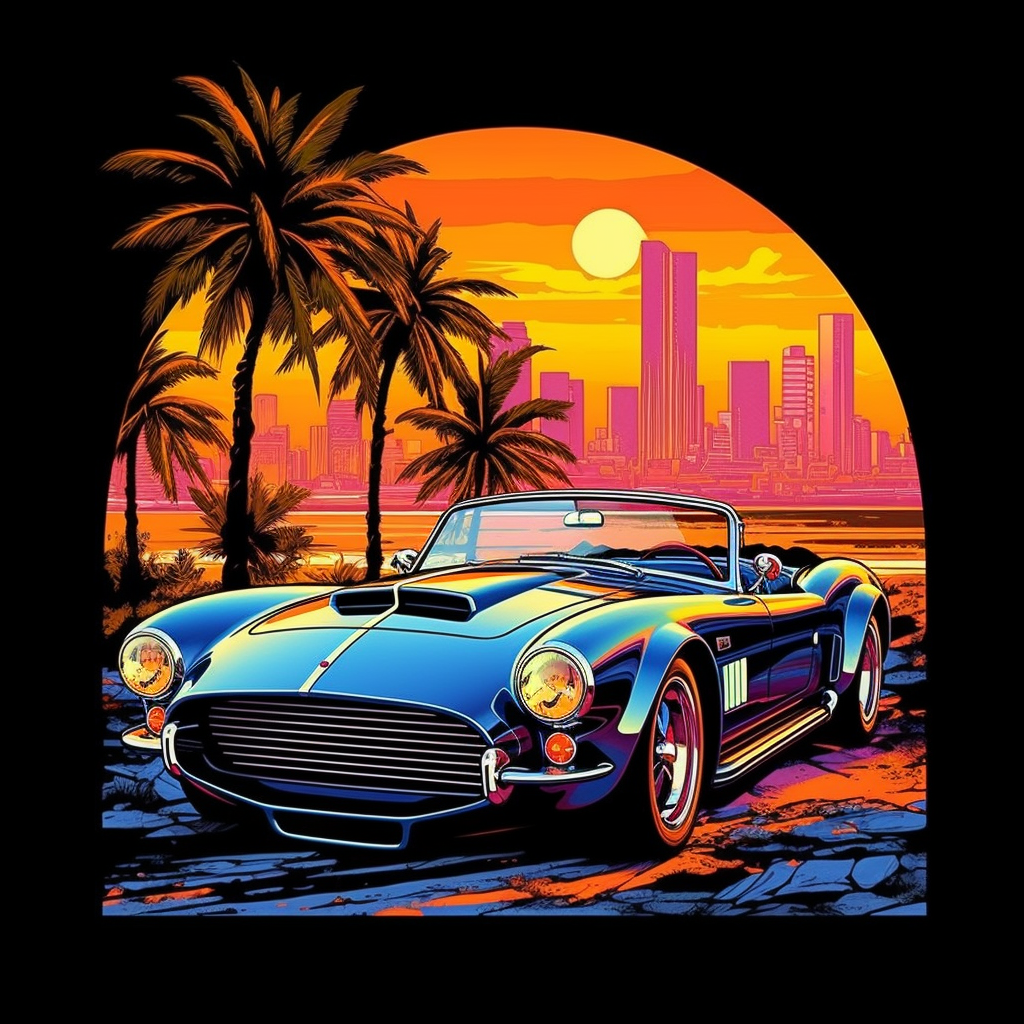 Retro Shelby Cobra Convertible in Surrealistic 3D Cityscape T-Shirt Design