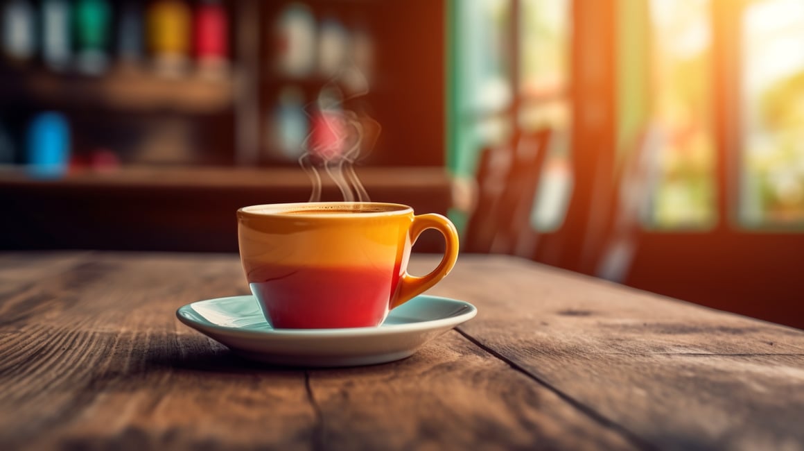 Detail-Rich Still Life of a Coffee Cup on a Wooden Table