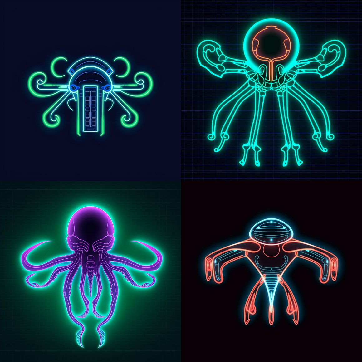 Neon Octopus Alien Starship Vector Icon Mid-Journey