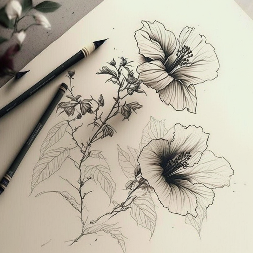 Classic Hibiscus Tattoo Sketch Mid-Journey