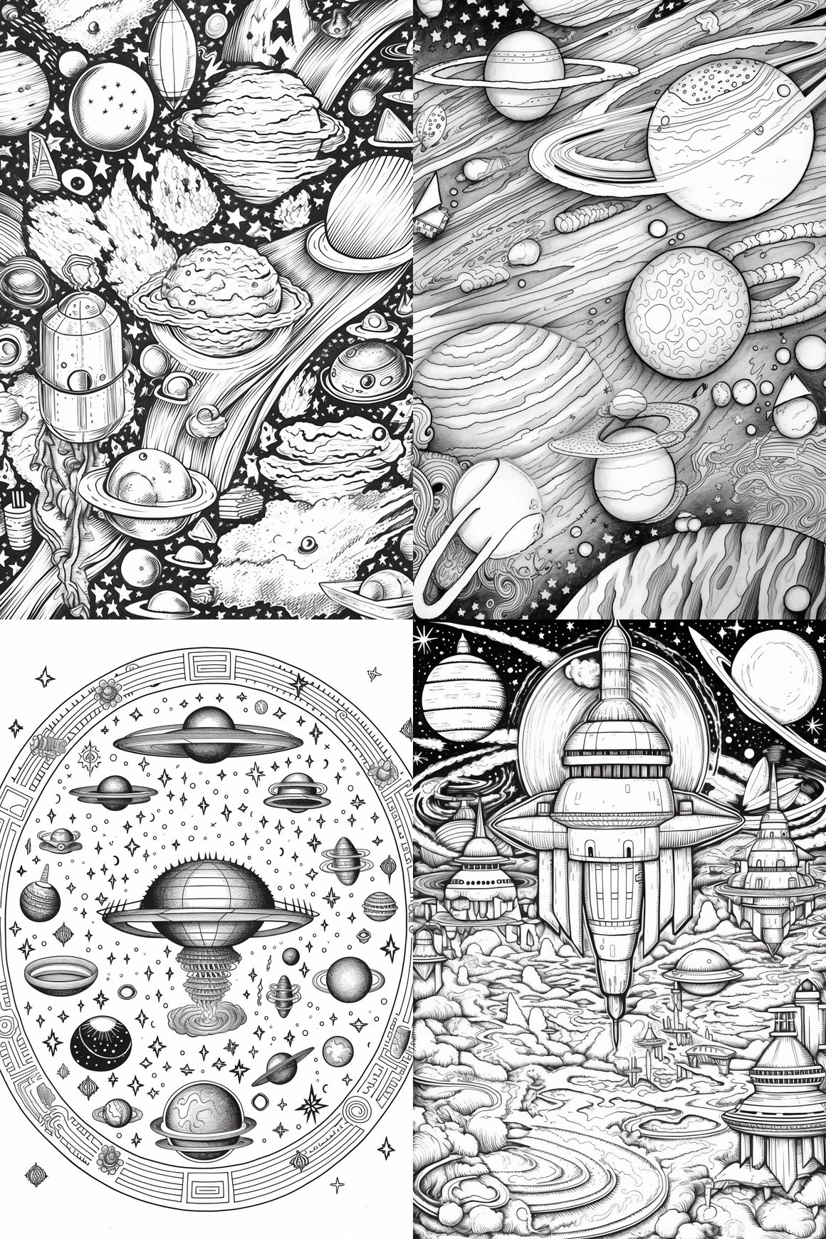 Retro Space-Themed Adult Coloring Book Page