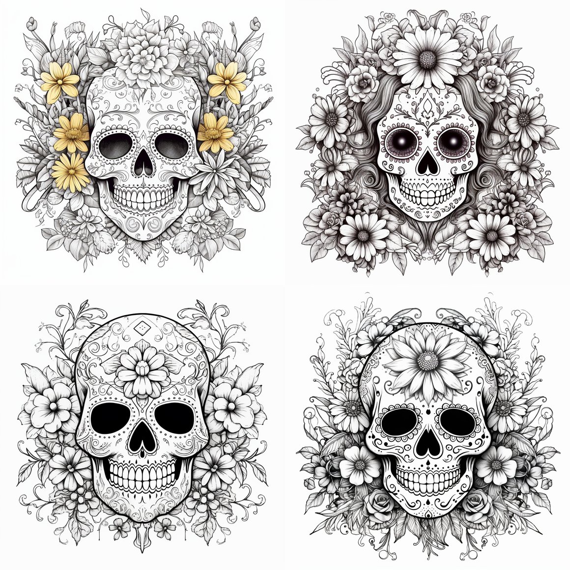 Sugar Skull and Marigold Floral Medley Coloring Page