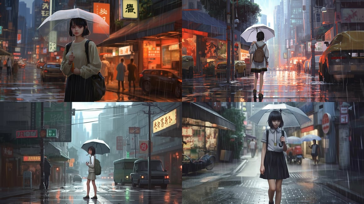 Cinematic Schoolgirl in Rainy Cityscape