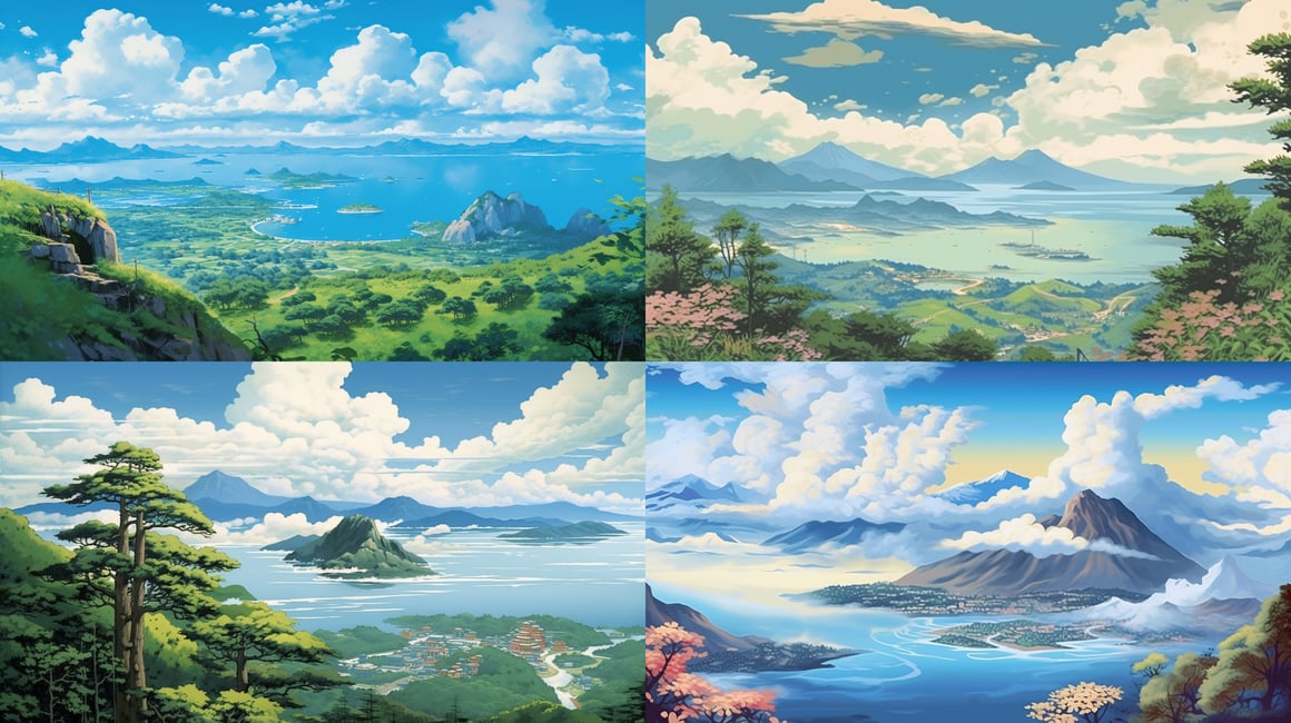 Summer Serenity: Hand-Drawn Japanese Mountain Seascape View