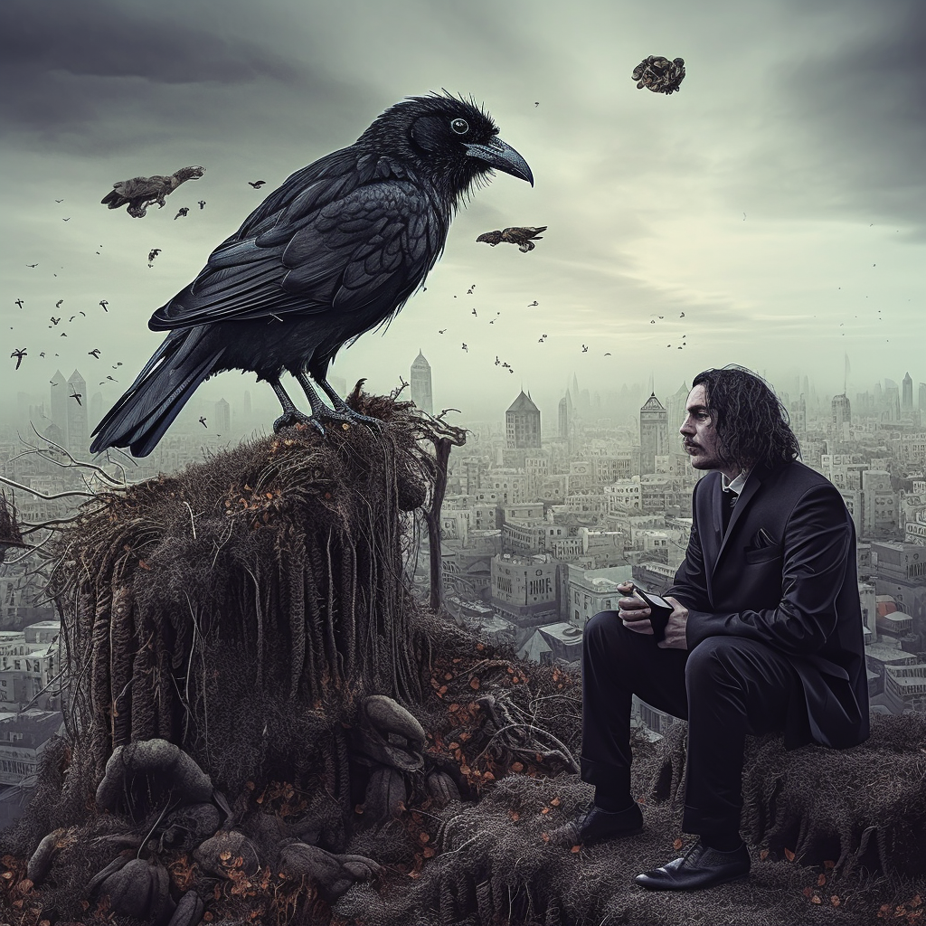 A Surrealistic Exploration of Man, Crow & Unexpected Interactions