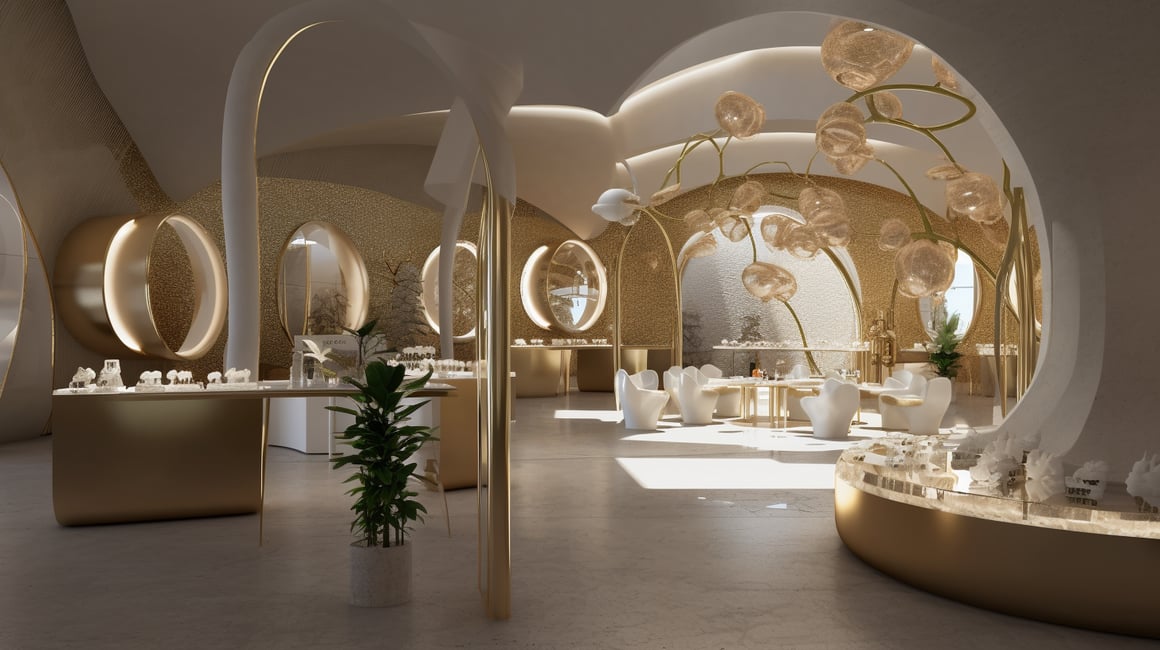 Designing a Luxurious Ibiza-Inspired Jewelry Retail Space with Gaudi-esque Elements and Dramatic Lighting