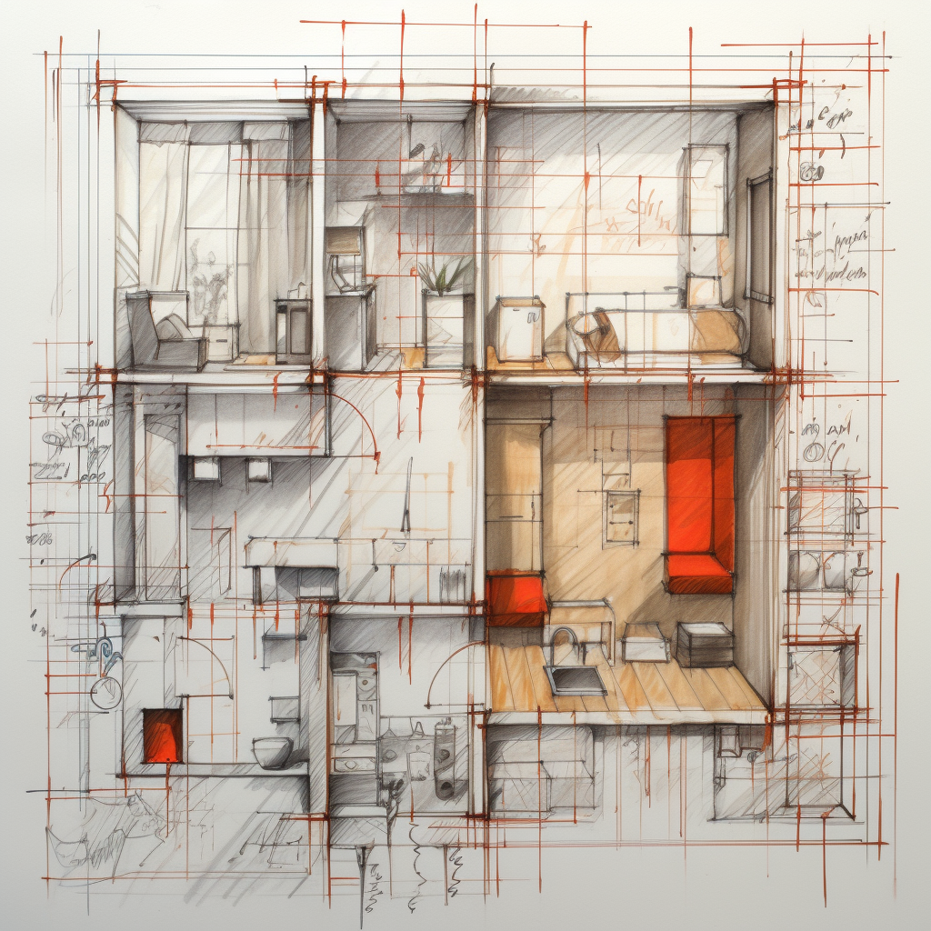 Midway Sketch of Apartment Floor Plan with Detailed Furniture Layout