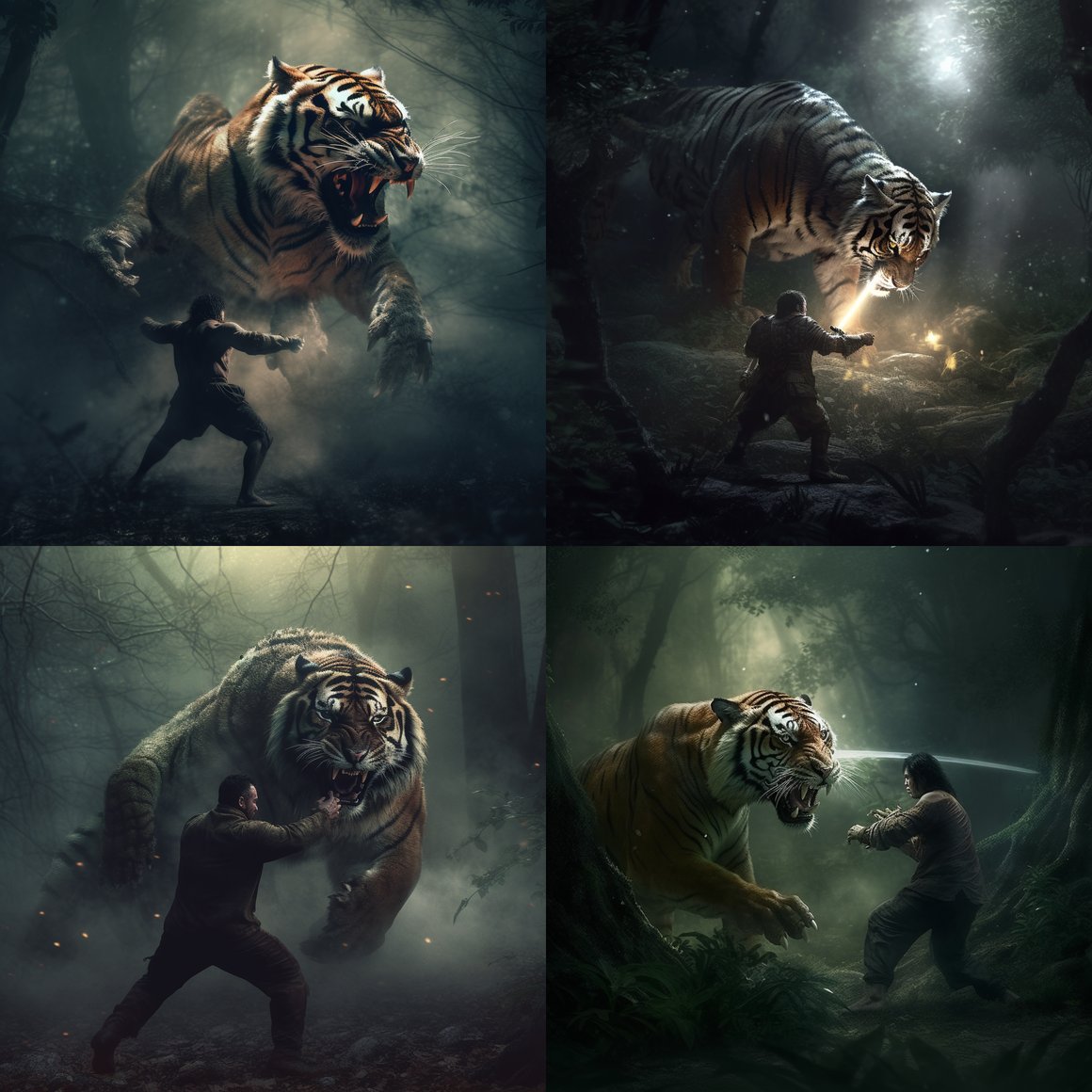 Midnight Duel: Man Vs. Tiger in Shadowy Woods