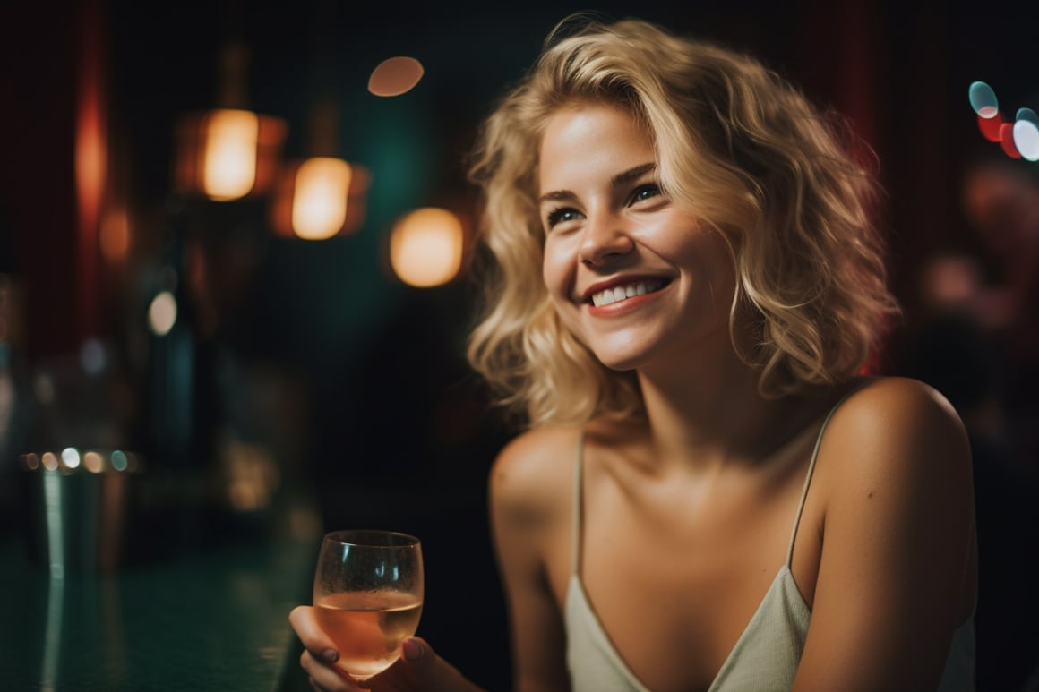 Midnight Elegance: Blonde Woman Enjoying Cocktail in Bar