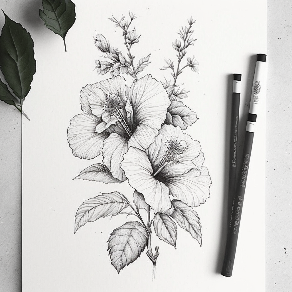 Classic Hibiscus Tattoo Sketch Mid-Journey