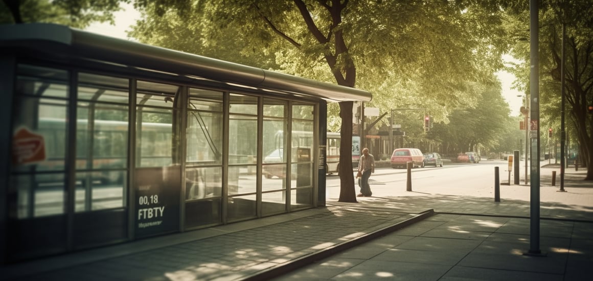 City Bus Stop Vignette: Midday Scene with Elderly Man
