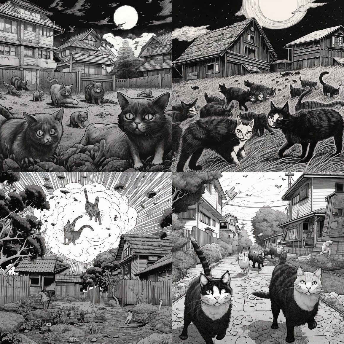 Midday Mischief: Feline Frolic in Junji Ito's Style