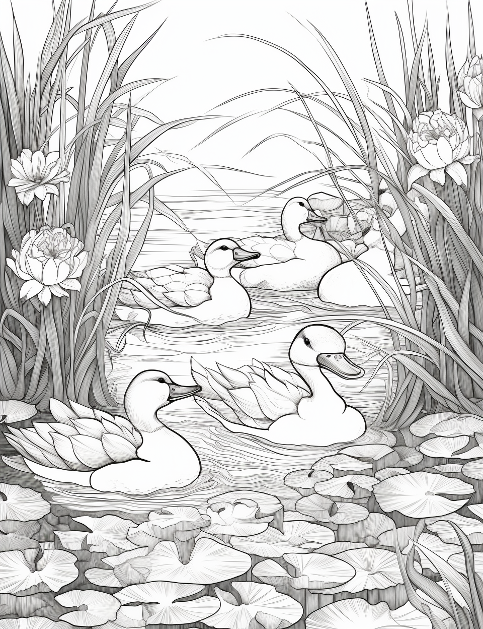 Detailed Duck Pond Coloring Page