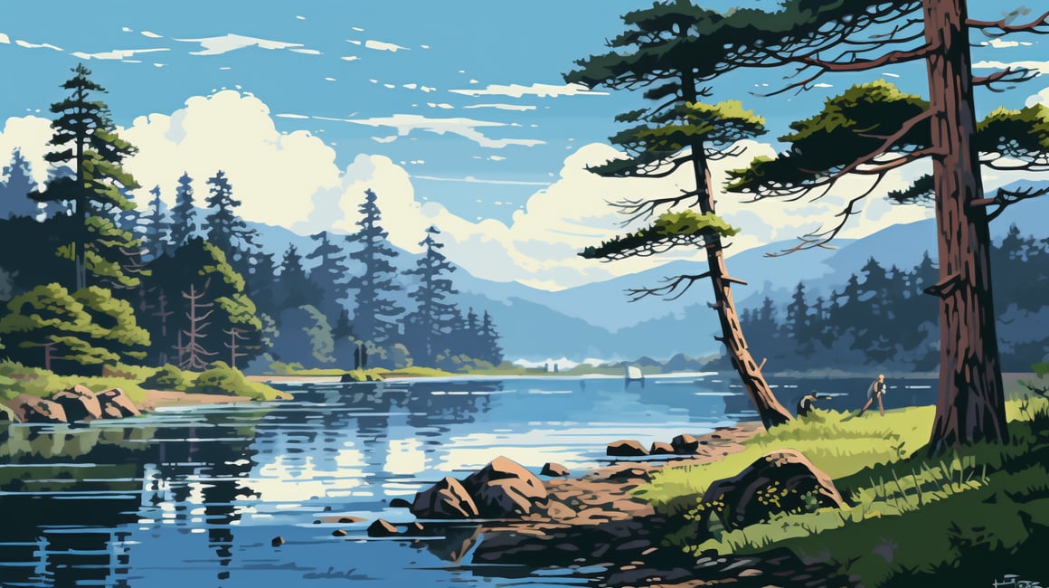 Handwritten Japanese River Landscape in Strong Sunlight