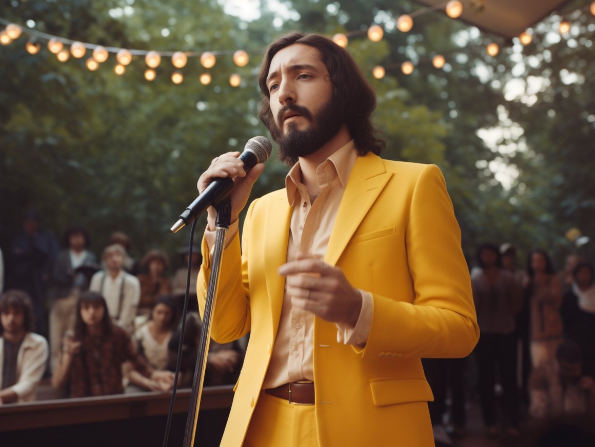 A Turkish Singer's Mid-Performance Moment in Wes Anderson Aesthetics