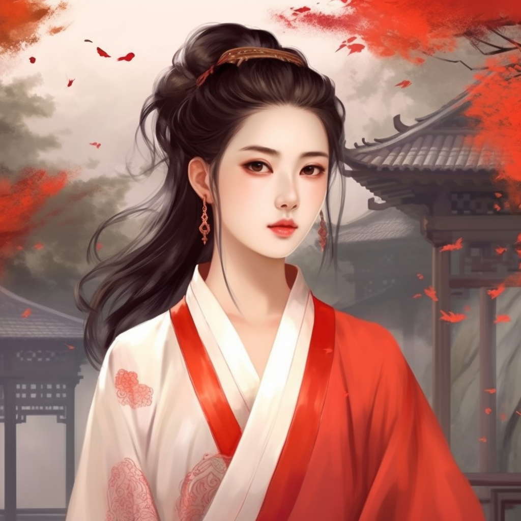 Hand-drawn Ancient Illustration of Xue Baochai Amidst a Pavilion