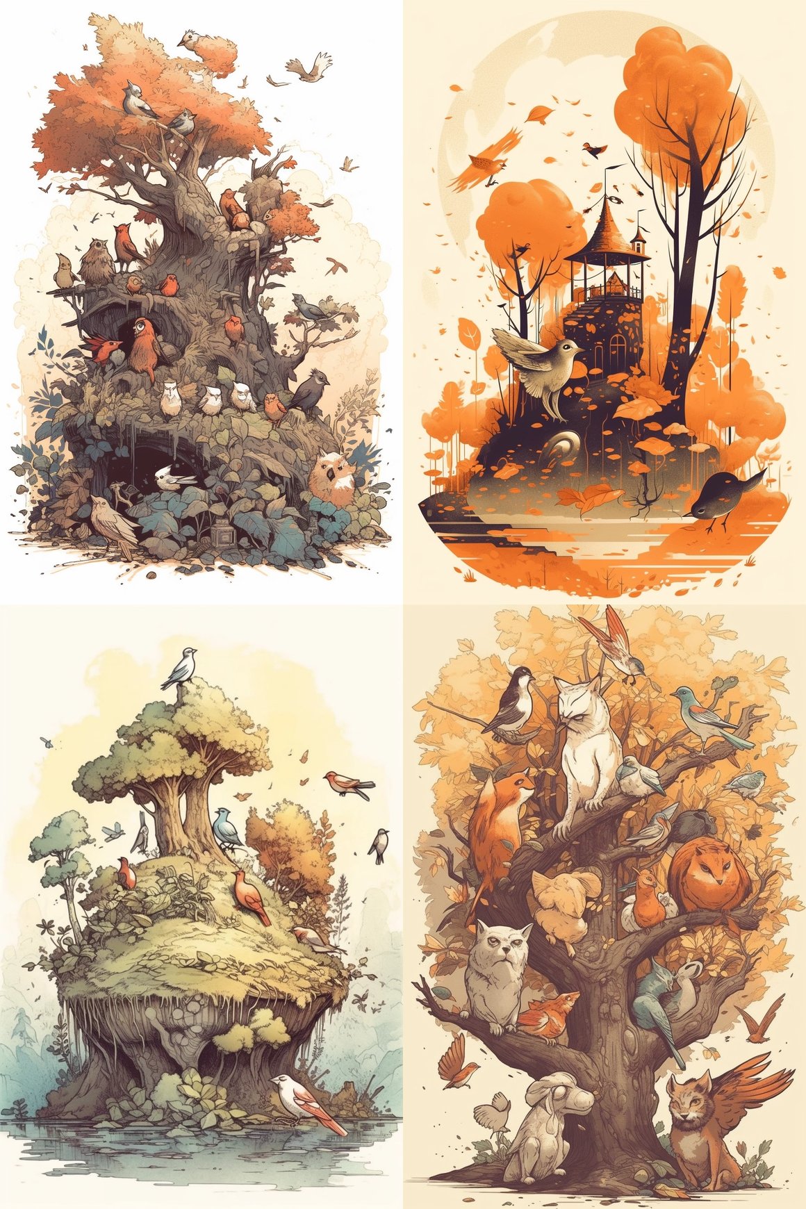 A Sun-Drenched Woodland Scene with Birds in the Style of Maurice Sendak and Michael Kaluta