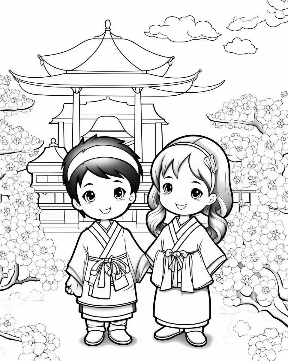 Happy Torii & Cherry Blossoms Coloring Page Mid-Journey Prompt