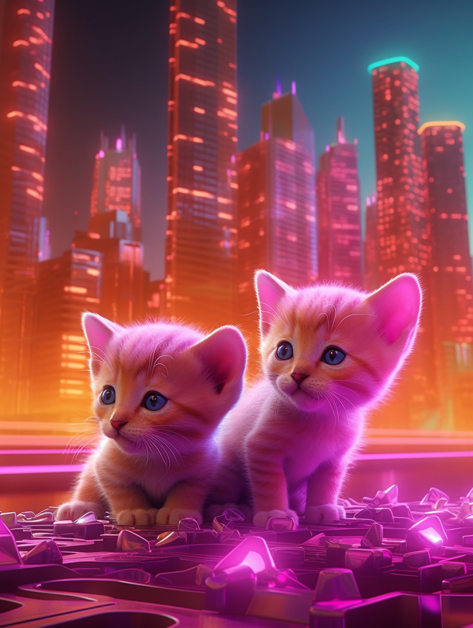 Neon Kittens Adventure in a Futuristic City Scene - 3D Render V5