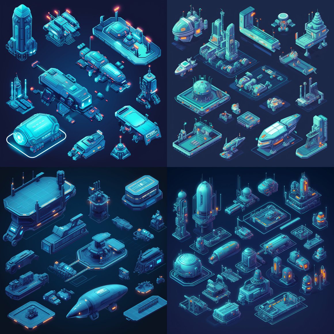 Neon Blue Sleek Spacecraft Isometric Sprite Sheet v5 - Size 250