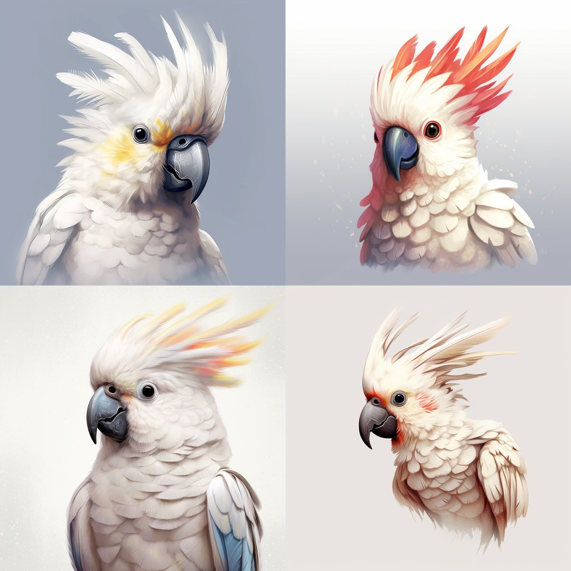 Detailed Illustration of Adorable Cockatoo on Plain Pale Background Mid-Journey