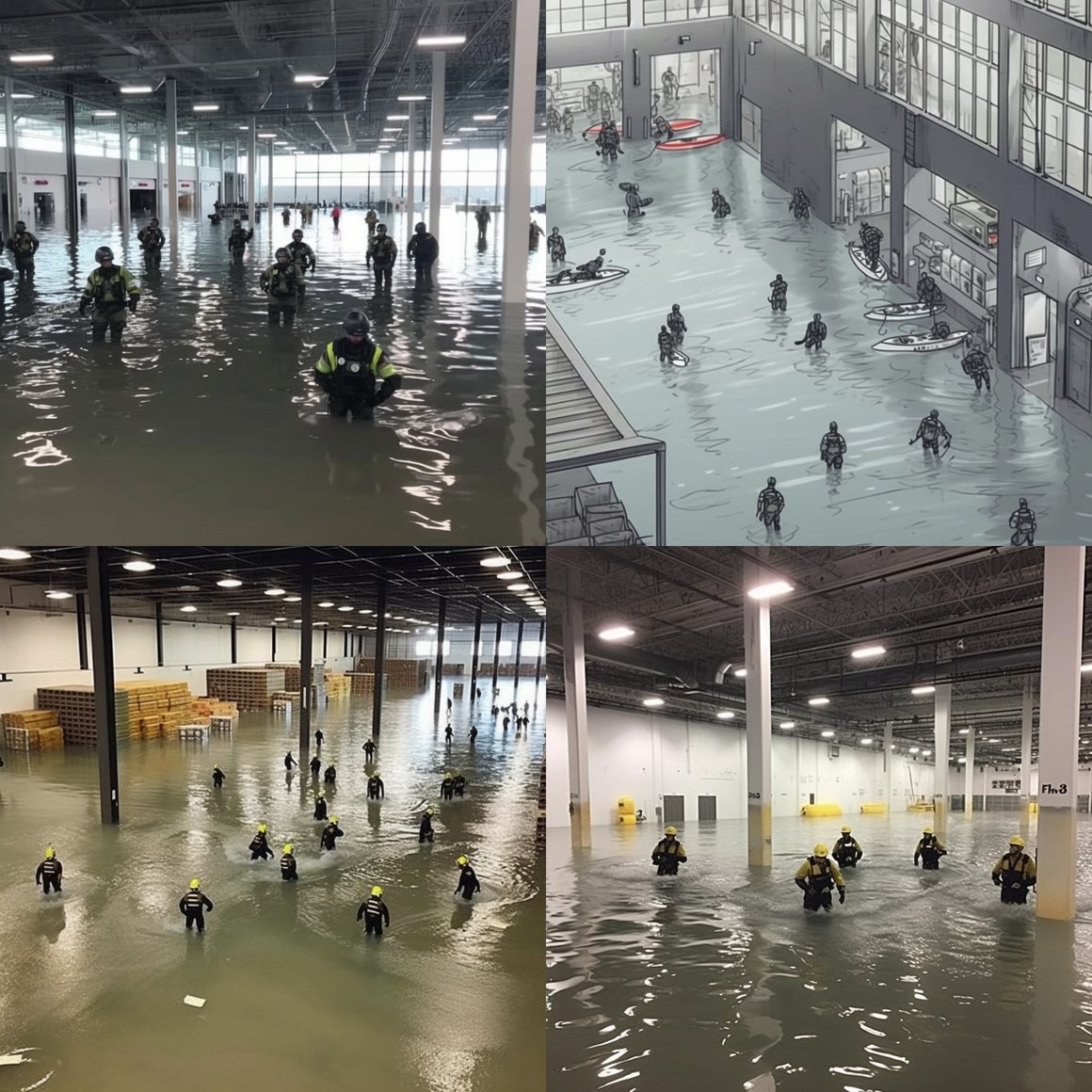 Submerged Warehouse Adventure: Security Guards' Survival