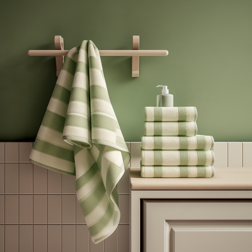 Reversible Towel Set in Pastel Green and Cream Check and Stripe Design Displayed in a Bathroom