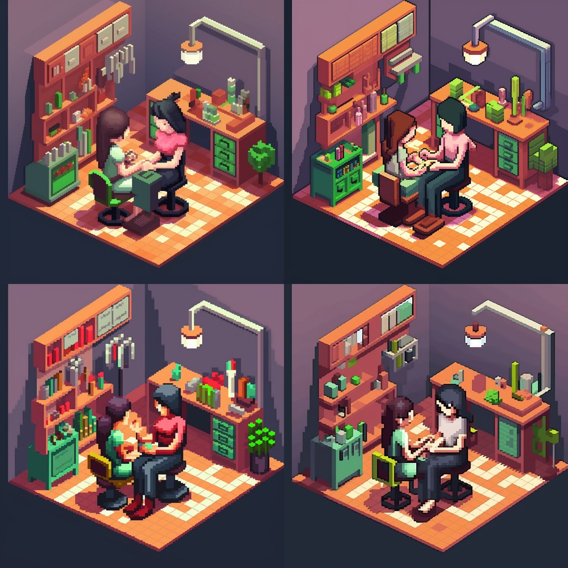 Retro Pixel Art: Nail Technician at Work in Salon