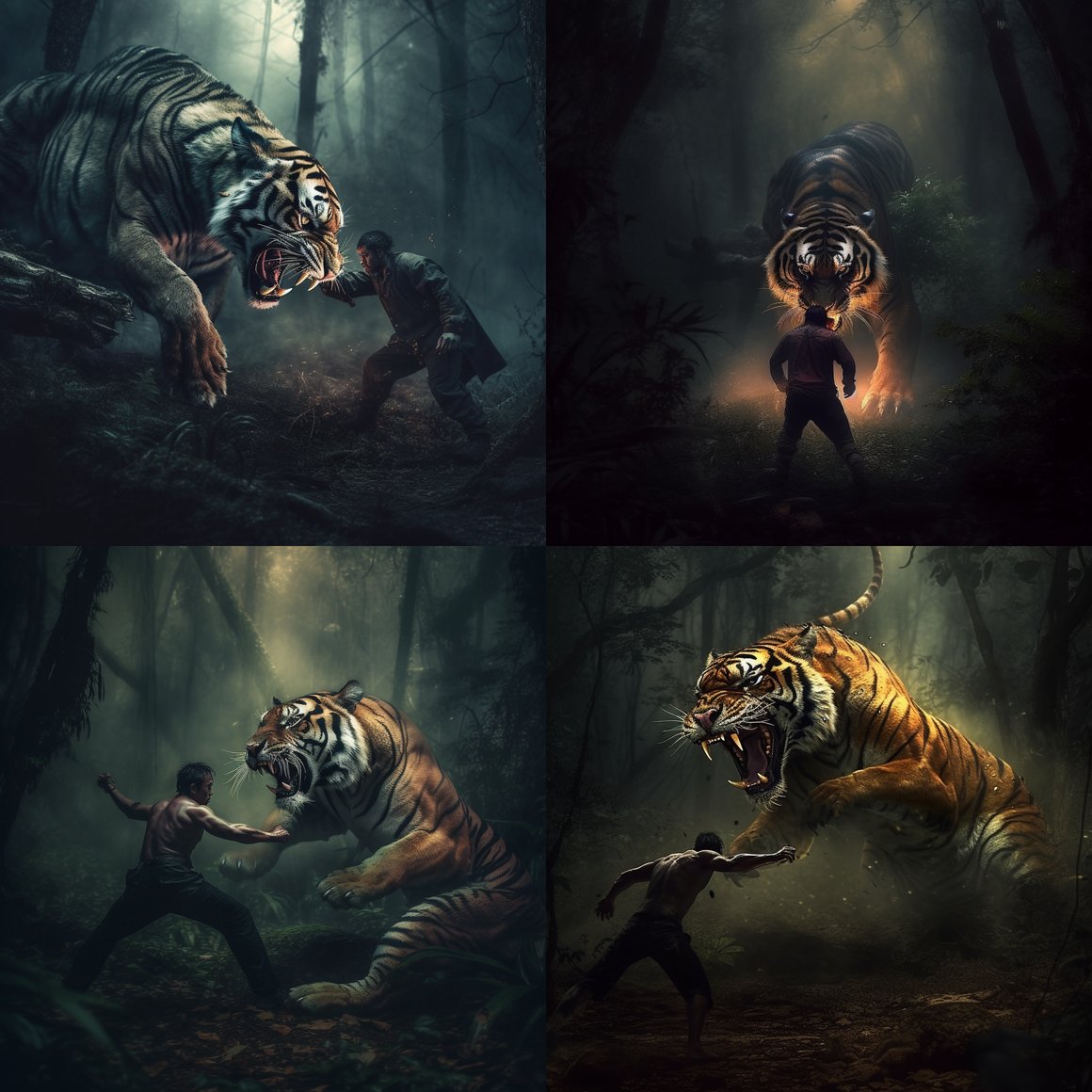 Midnight Duel: Man Vs. Tiger in Shadowy Woods