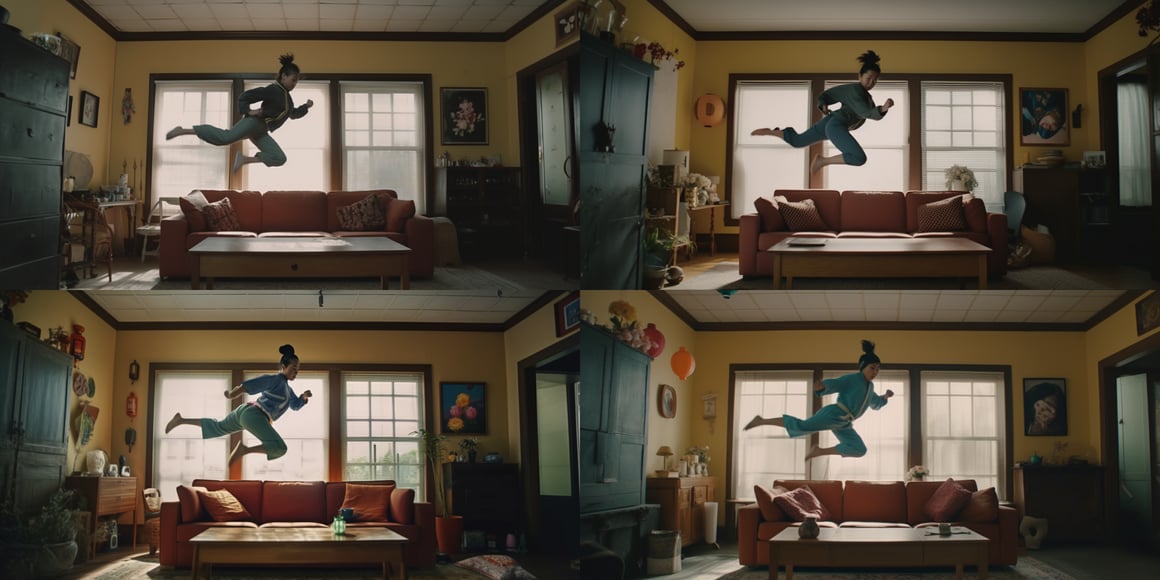 Cinematic Snapshot from 'A Woman Doing a Kung Fu Jump Kick in a Domestic Living Room'