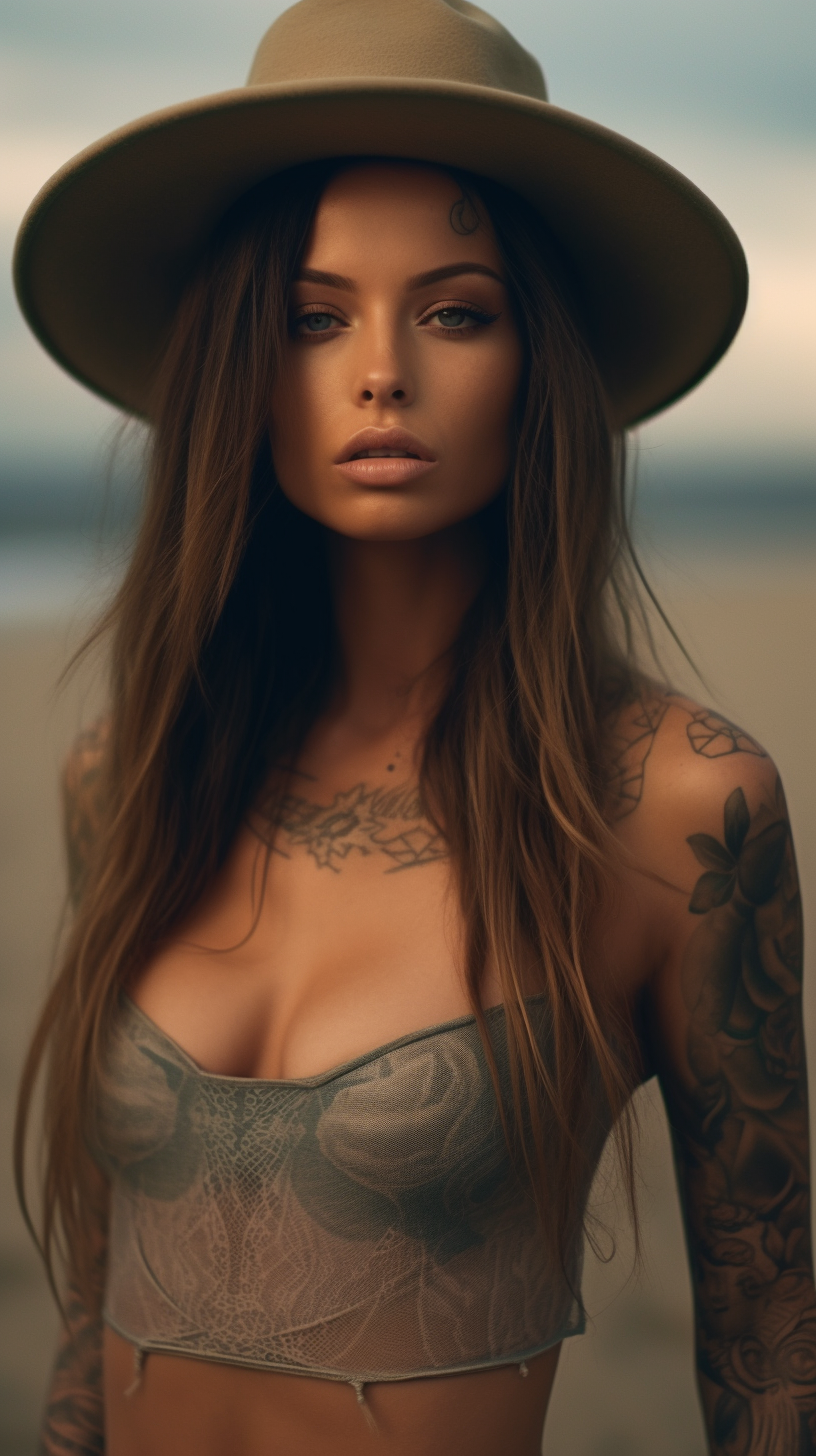 Sun-Kissed Tattooed Beauty: A Mid-Journey Portrait