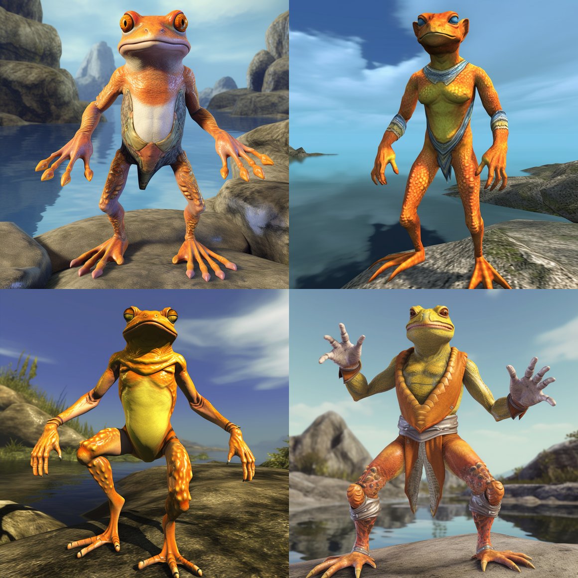Mid-Adventure Depiction of an EverQuest 2 Froglok Male with Distinctive Orange Extremities