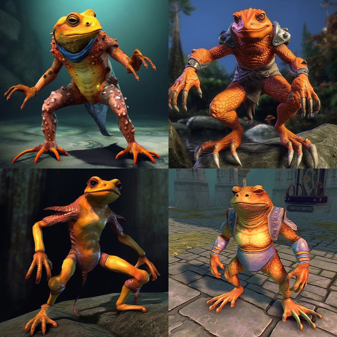 Mid-Adventure Depiction of an EverQuest 2 Froglok Male with Distinctive Orange Extremities