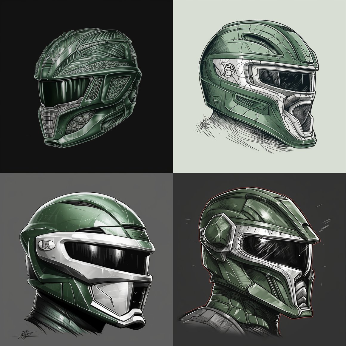 Detailed Line Art of the Green Mighty Morphin Power Ranger Helmet - Version 5