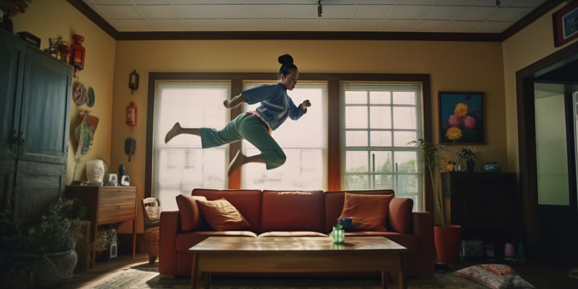 Cinematic Snapshot from 'A Woman Doing a Kung Fu Jump Kick in a Domestic Living Room'