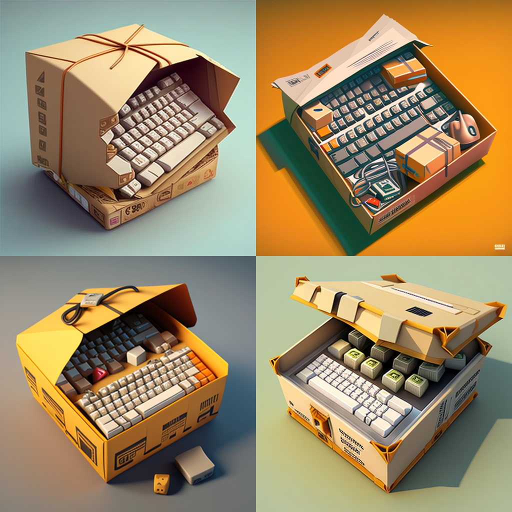 Cartoon Style, Ultra Realistic PC Keyboard Parcels Mid-Journey