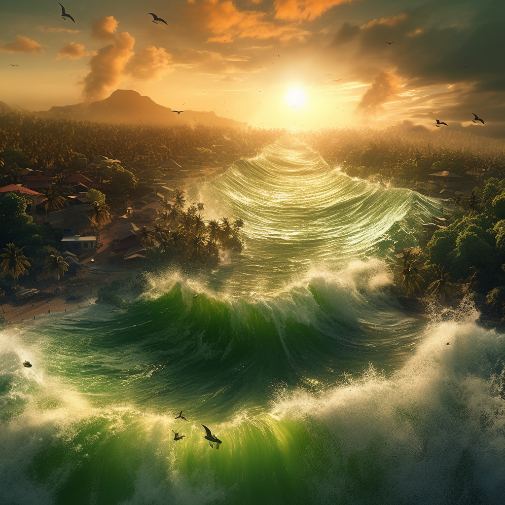 Destructive Wave: A Tsunami's Impact on Island Beauty in 8K