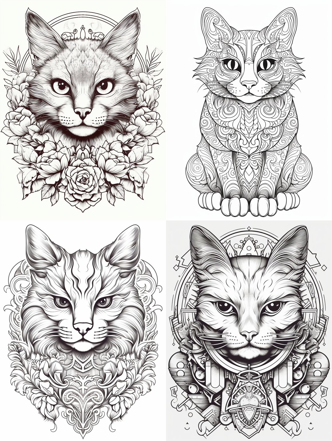 Classic Cat Tattoo Design Coloring Page