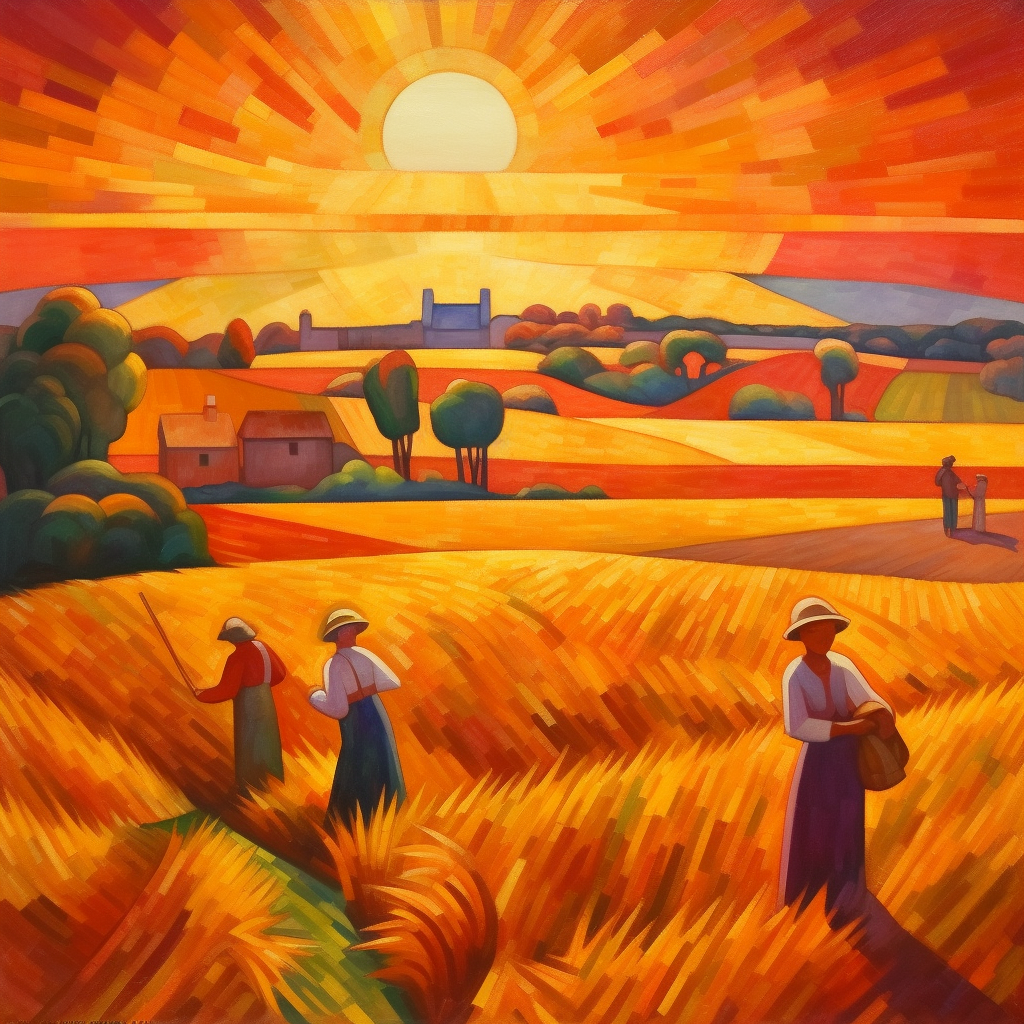 Harmony of the Fields: A Futuristic Sunset Harvest