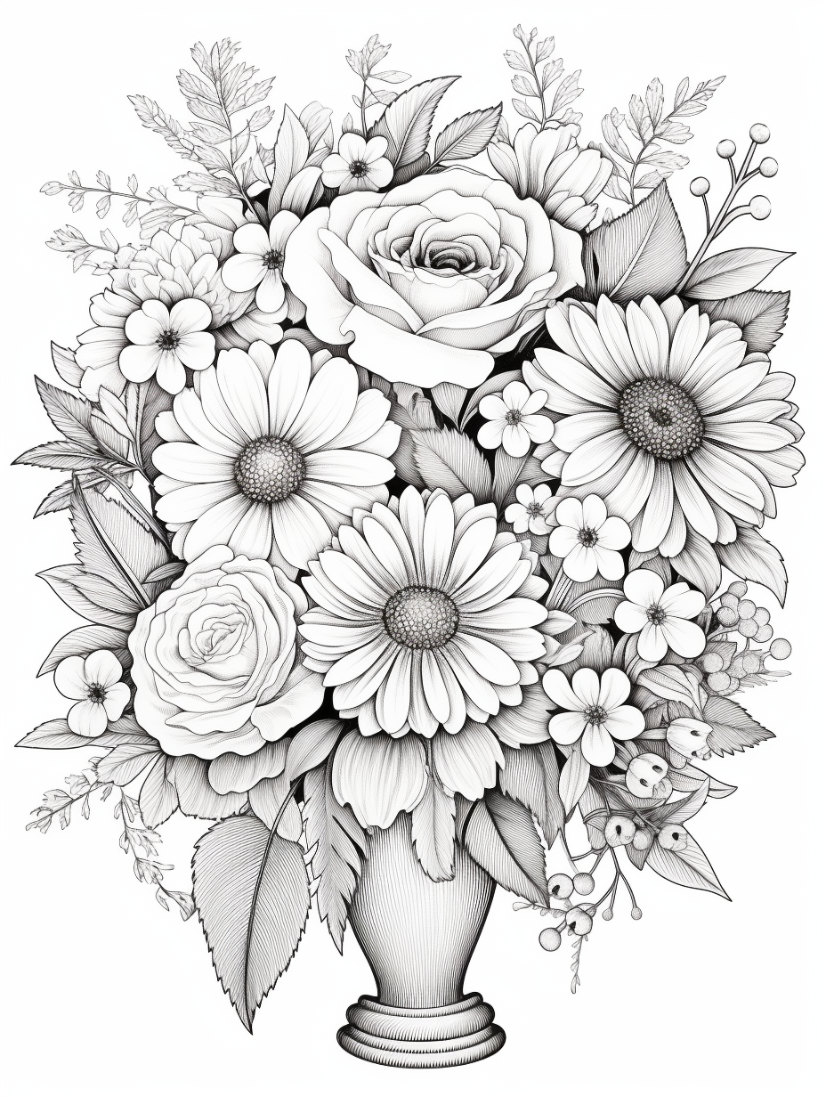 Mid-Trip Floral Coloring Page - White Background (AR 3:4)