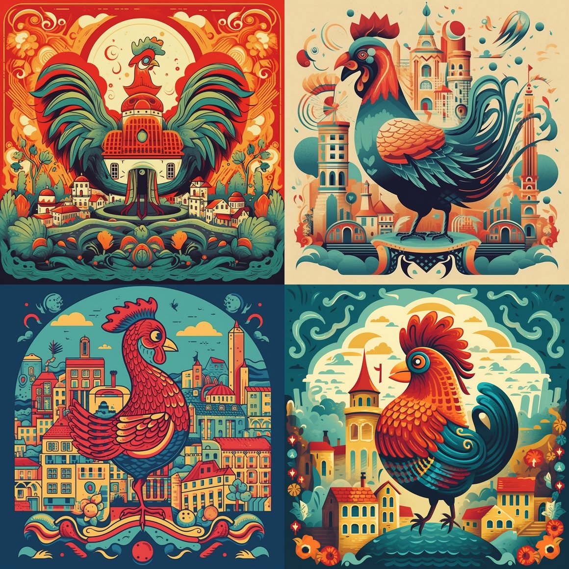 Retro-futuristic Illustration of Gallo de Barcelos in Lisbon Landscape Mid-Journey Checkpoint