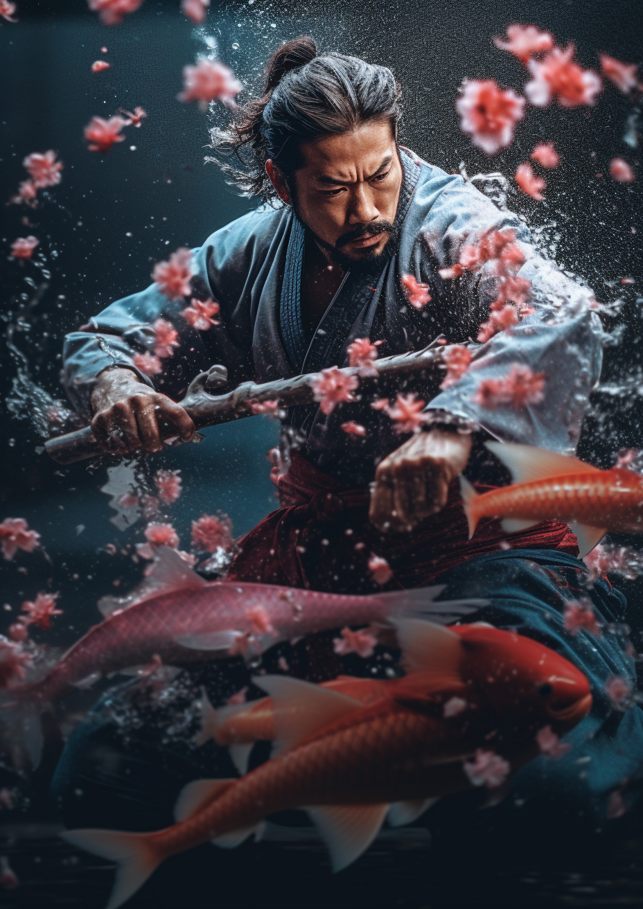 Cinematic Odyssey: A Hyper-detailed Samurai's Duel with Koi