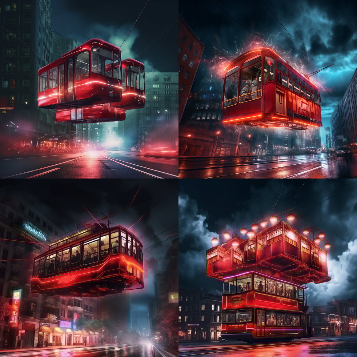 Neon Night Flight: Red Double Deck Tram's Aerial Adventure